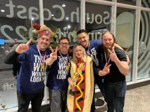 4 men wearing "this is what winners look like" tshirts and me dressed as a hot dog