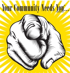 a hand pointing at the person viewing the image, with the words "your community needs you"